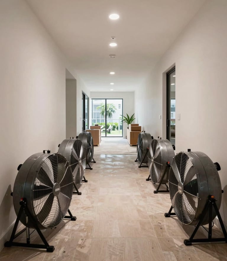 A wide shot of a luxury home hallway in Miami, Florida, with several industrial drying fans lined up, clear professional lighting, showing clean and organized restoration work.