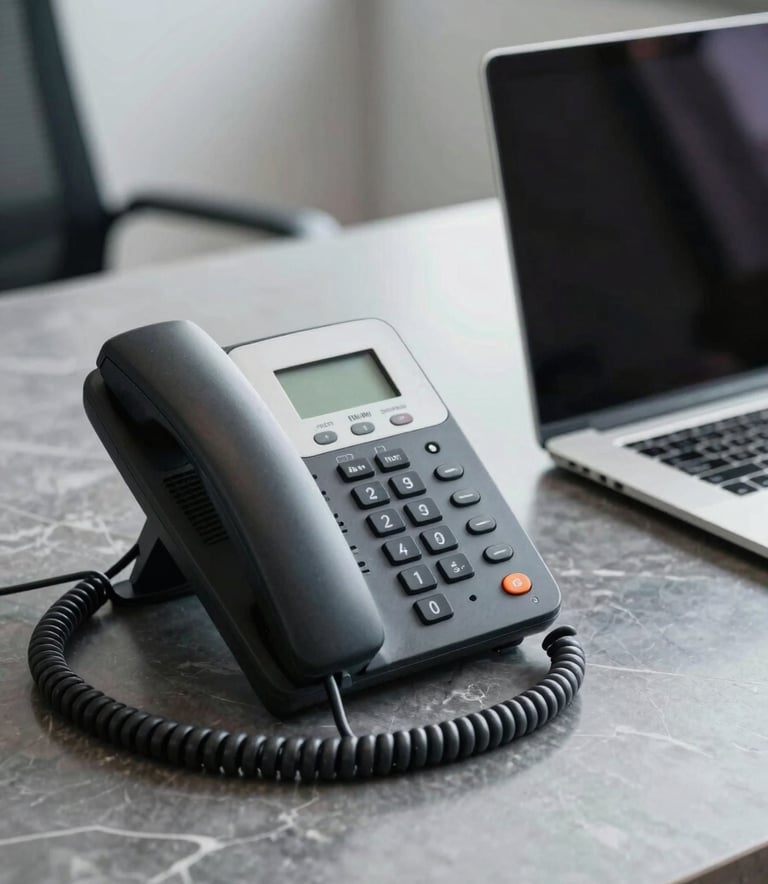 A close-up of a high-end corporate VoIP phone and a sleek laptop on a clean, dark gray marble desk in a professional South American office, soft focus background, lighting in tones of light gray and near black.