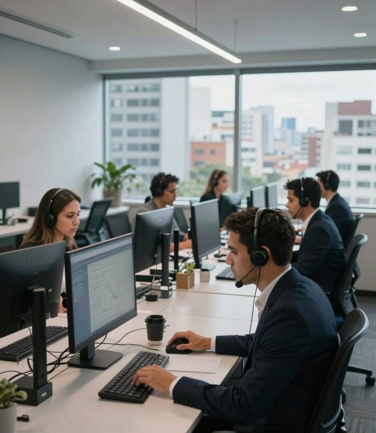A wide-angle shot of a modern, minimalist tele-attendance office in Brazil. Professional South American staff are working at clean, light gray desks with black ergonomic chairs and high-end headsets. The atmosphere is professional and efficient, with cool natural lighting and a view of a city center through large windows.
