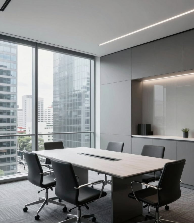 A modern, minimalist meeting room in a Brazilian business district, featuring clean lines, glass walls, and a palette of medium gray and white, conveying a sense of corporate sophistication.
