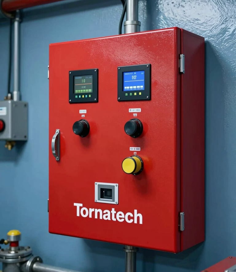A vertical shot showing a modern fire pump control panel by Tornatech. The panel is vibrant red with digital displays and industrial switches. It is mounted on a Steel Blue wall in a clean mechanical room, showing professional wiring and engineering standards.