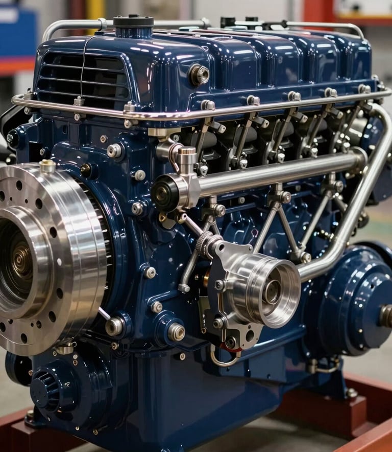 Close-up industrial photography of a powerful diesel engine for a fire pump. The engine is painted in a professional Deep Navy, with polished chrome and steel components visible. The lighting is sharp, emphasizing the engineering precision and robust build quality.