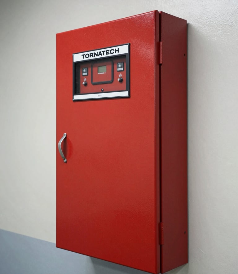 A high-resolution industrial photograph of a Tornatech fire pump control panel mounted on a wall in a clean utility room. The panel is a deep red, contrasting with the cool off-white and soft grey-blue surroundings. The lighting is sharp and professional, emphasizing the modern engineering and reliability of the equipment.