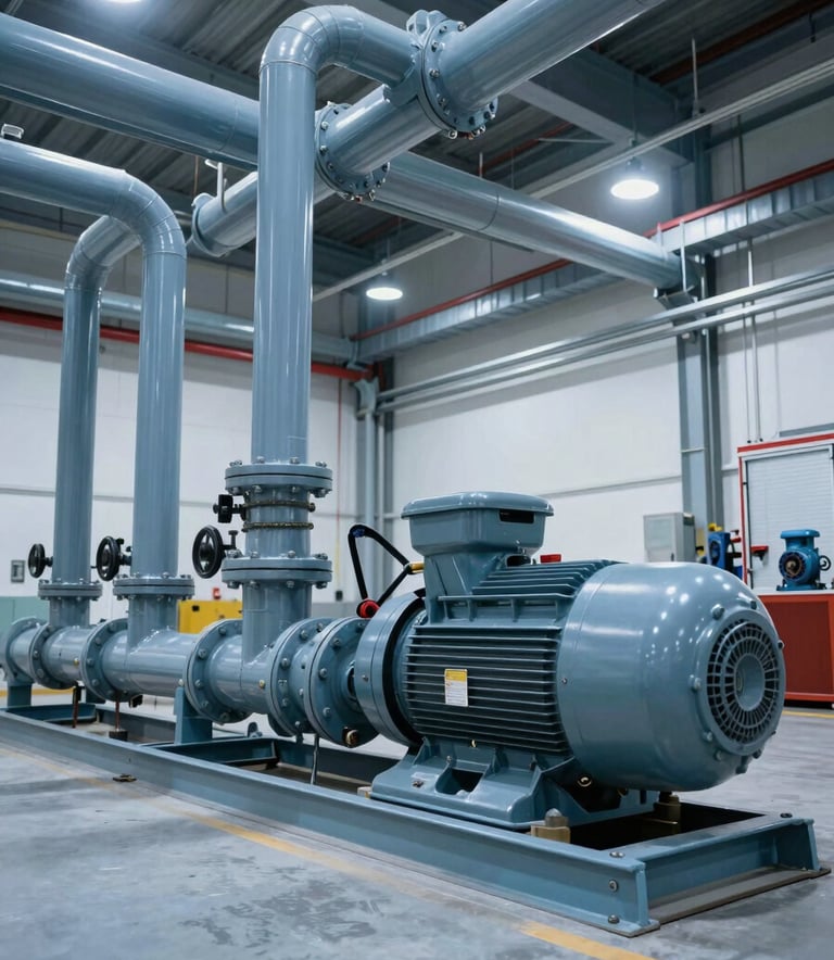 A wide-angle, eye-level photograph of a major fire pump installation in a modern Istanbul facility. The room features industrial piping in soft grey-blue and a large electric motor fire pump. The scene is lit with cool, bright industrial lighting, conveying efficiency and safety.