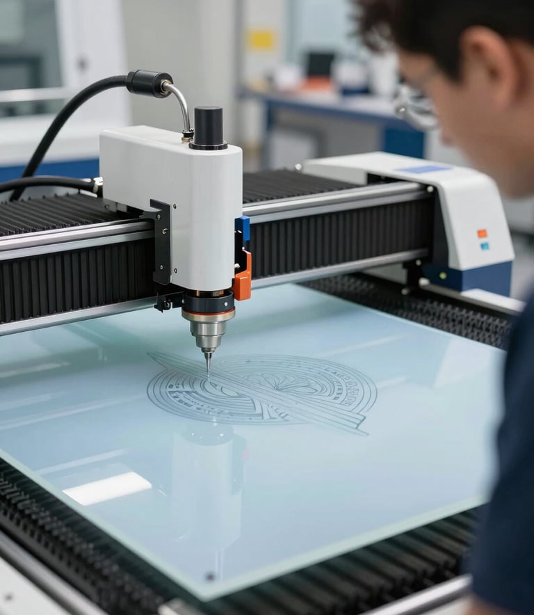 A professional technician operating a laser cutting machine in a modern workshop. The machine is carving a precise pattern into a sheet of light blue acrylic. Clear, bright lighting. Sul Americano / Brasileiro workplace.