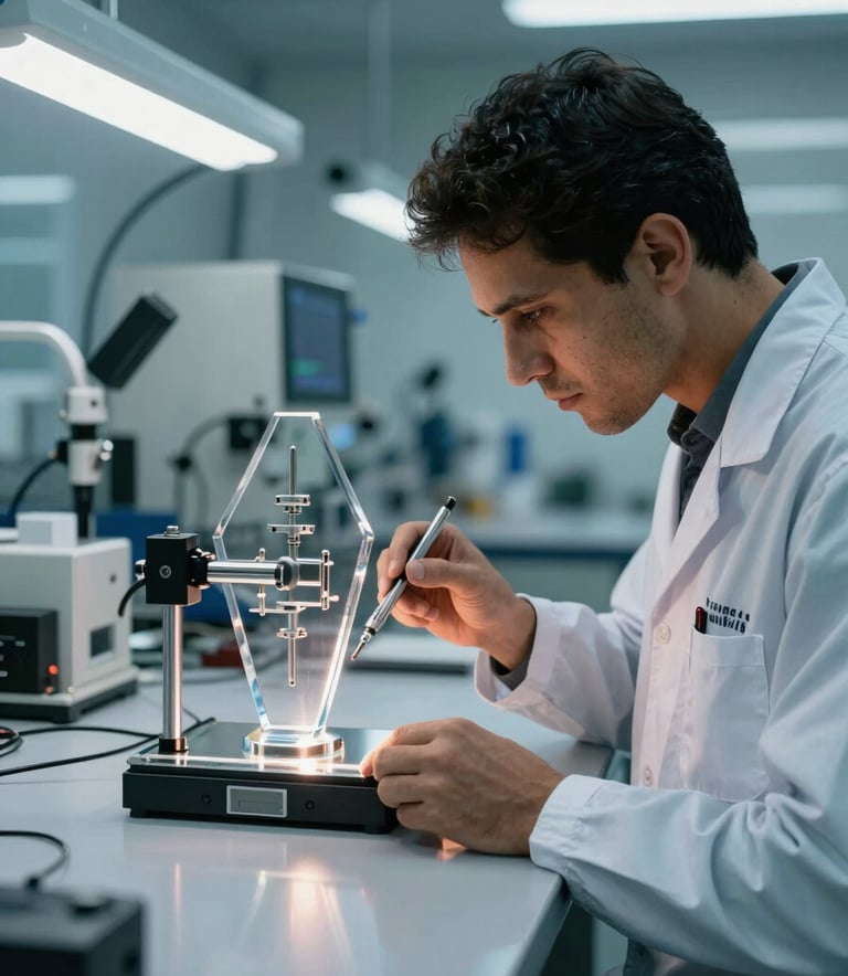 Interior of a clean, high-tech workshop in Brazil. A technician in professional attire is inspecting a precise laser-cut acrylic award. Soft steel blue lighting reflects off the clean surfaces, emphasizing a mood of precision and innovation.