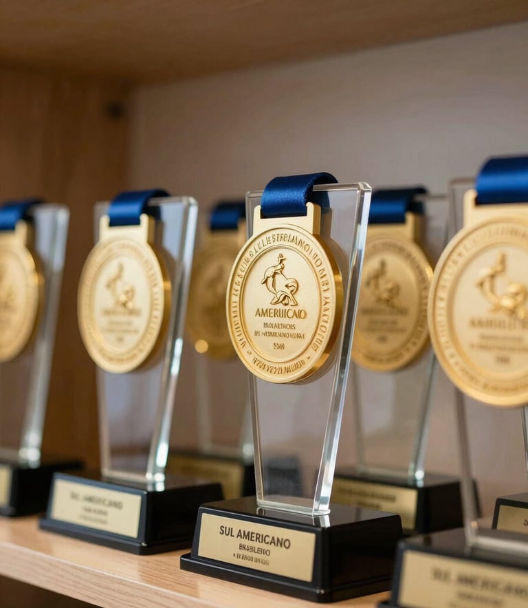 A close-up photograph of a shelf displaying high-quality custom trophies and acrylic medals. The lighting is soft and professional, highlighting the transparent textures and clean edges. Sul Americano / Brasileiro studio setting.