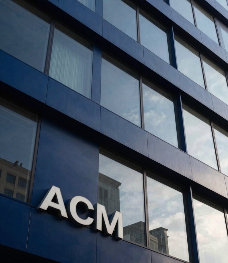 A close-up photograph of a modern ACM facade on a contemporary commercial building in a South American urban setting. The lighting is crisp afternoon sun, highlighting the clean, precise finish and deep navy blue panels. The composition is angled upwards to emphasize architectural scale.