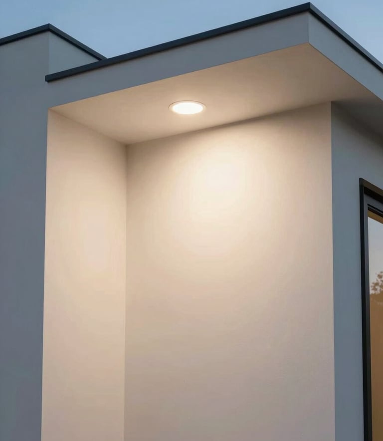 A clean, sophisticated shot of modern architectural lighting in a North American / US luxury home. The composition is minimal and elegant, highlighted by soft off-white and sky blue lighting.