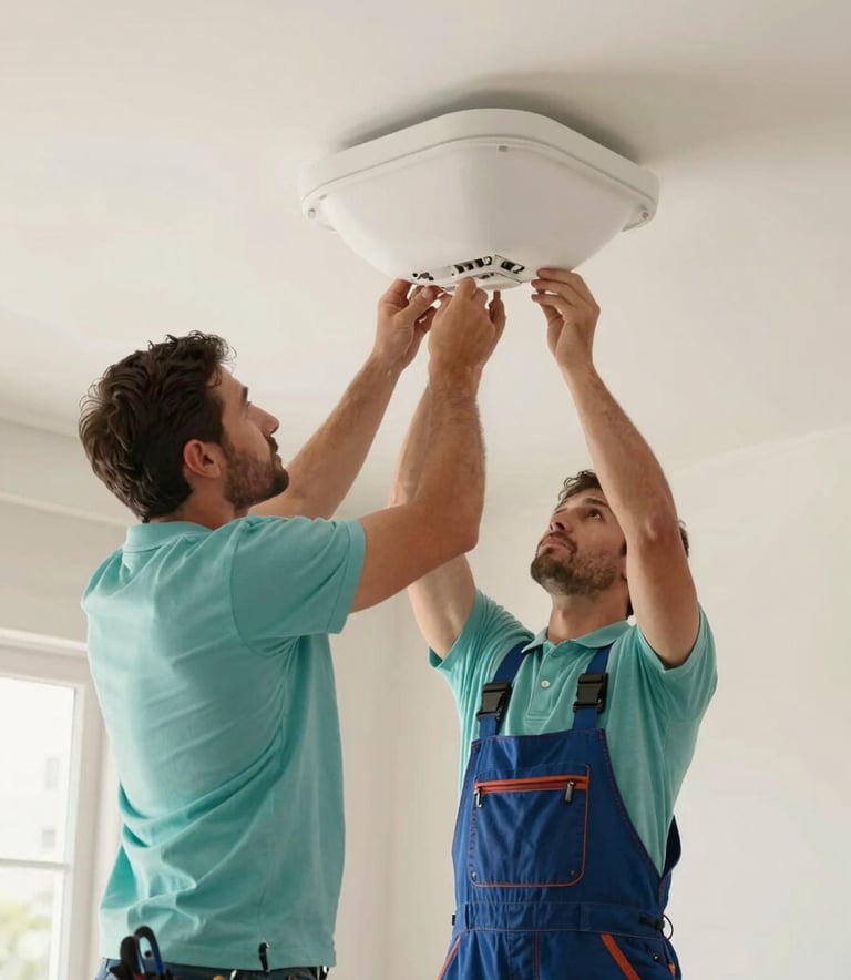 A professional electrician in work attire focused on installing a modern light fixture in a North American / US home. The composition is clean and minimalist, using a soft aqua and off-white palette to convey efficiency and reliability.