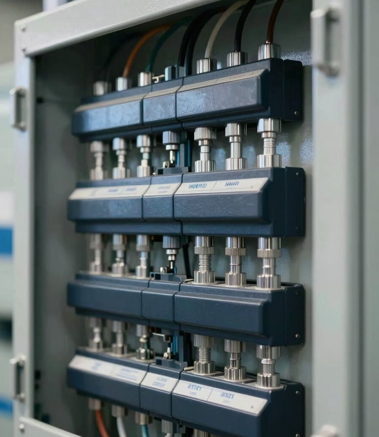 A close-up photograph of a clean, modern electrical panel with neatly organized wiring in a North American / US commercial facility. The lighting is bright and professional, highlighting silver conduits and dark navy components, reflecting sophisticated expertise.