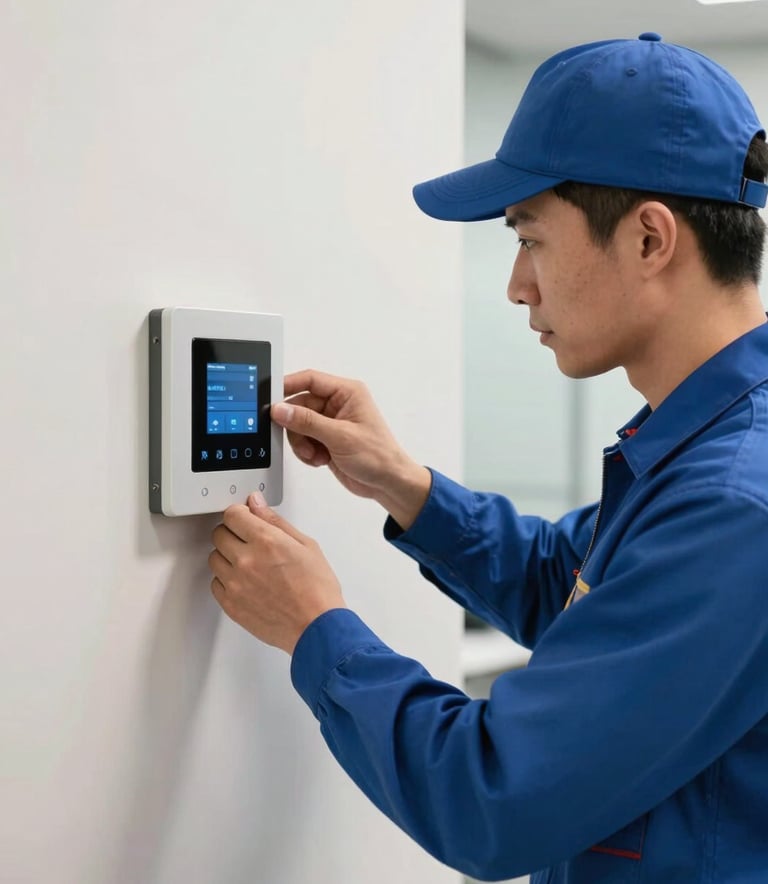 A professional electrician focused on installing a modern smart panel in a North American / US office building. The lighting is crisp and efficient, featuring colors like slate blue and warm off-white to convey reliability.
