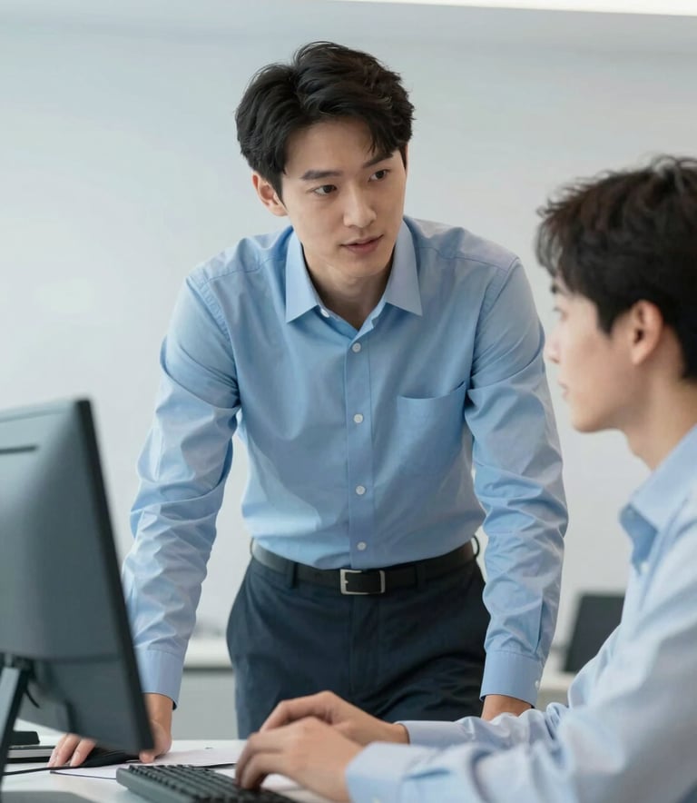 A professional IT specialist in a clean, modern office setting assisting a local business client. The lighting is soft and bright, using a palette of #F0F4F8 and #8BAAC7. The mood is helpful, reliable, and trustworthy.