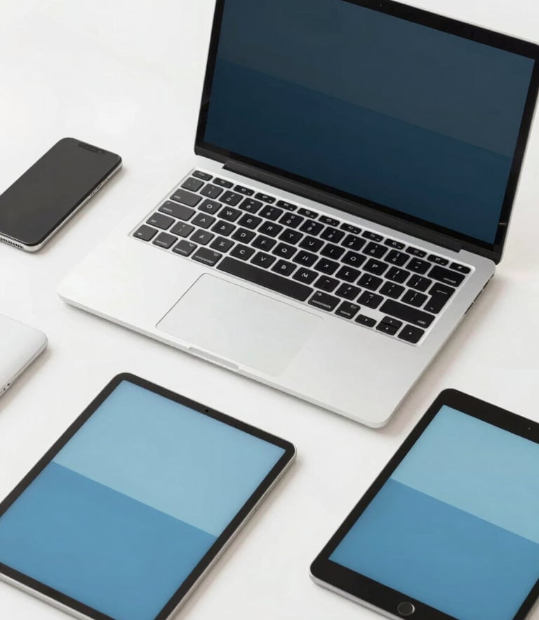 A clean, modern top-down view of a designer workspace with a high-end laptop, a smartphone, and a tablet, all perfectly organized. The image uses soft, natural lighting with a professional color scheme including #F0F4F8 and #2D5D7A accents.