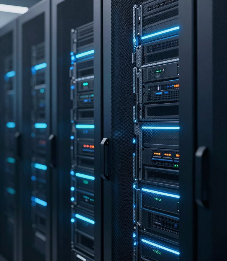 A close-up, high-detail shot of a modern server rack inside a secure data center. The scene is bathed in professional blue and teal LED lights (#2D5D7A), emphasizing efficiency and high-tech sophistication. Minimalist and clean composition.