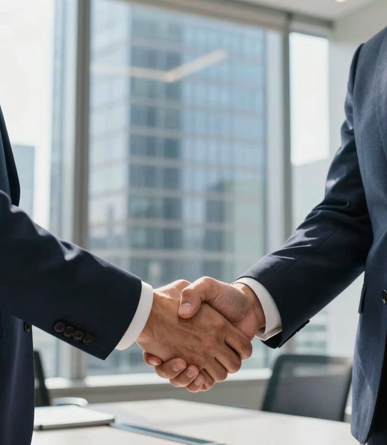 A close-up of a professional handshake between two business executives in a bright, sunlit glass boardroom in a North American skyscraper, reflecting a high-end corporate atmosphere with deep navy and white tones.