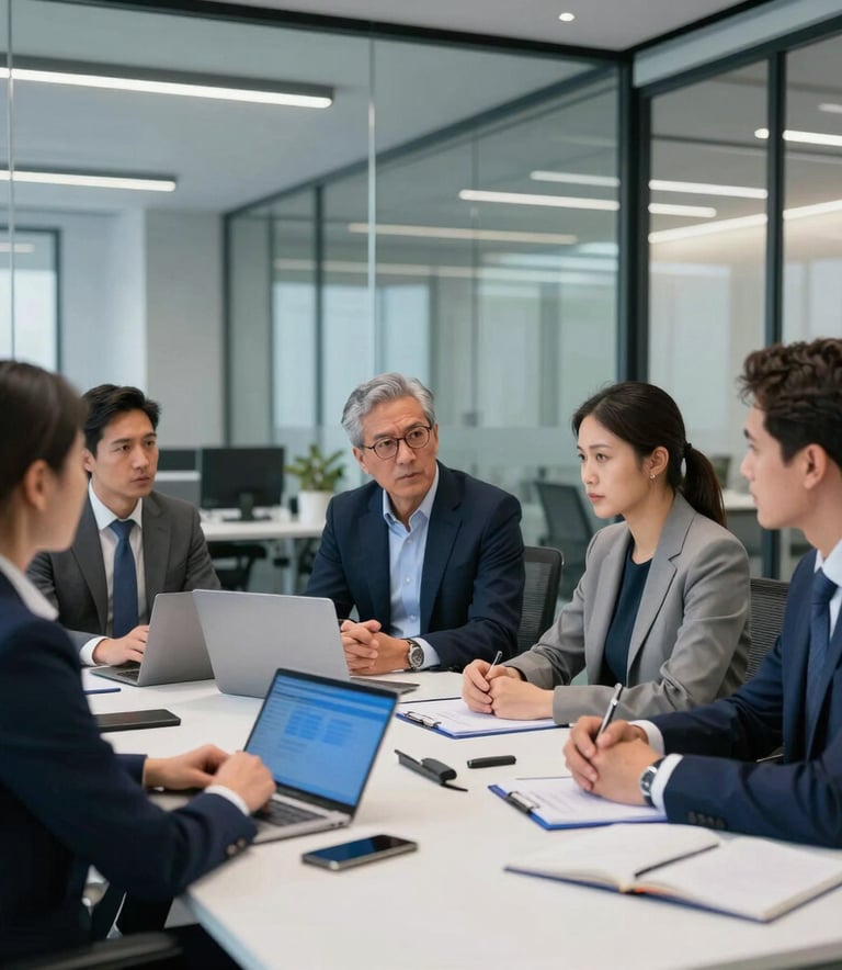 A professional North American team collaborating in a modern, glass-walled office space, focused on a strategy session, featuring electric blue accents and a premium corporate aesthetic.