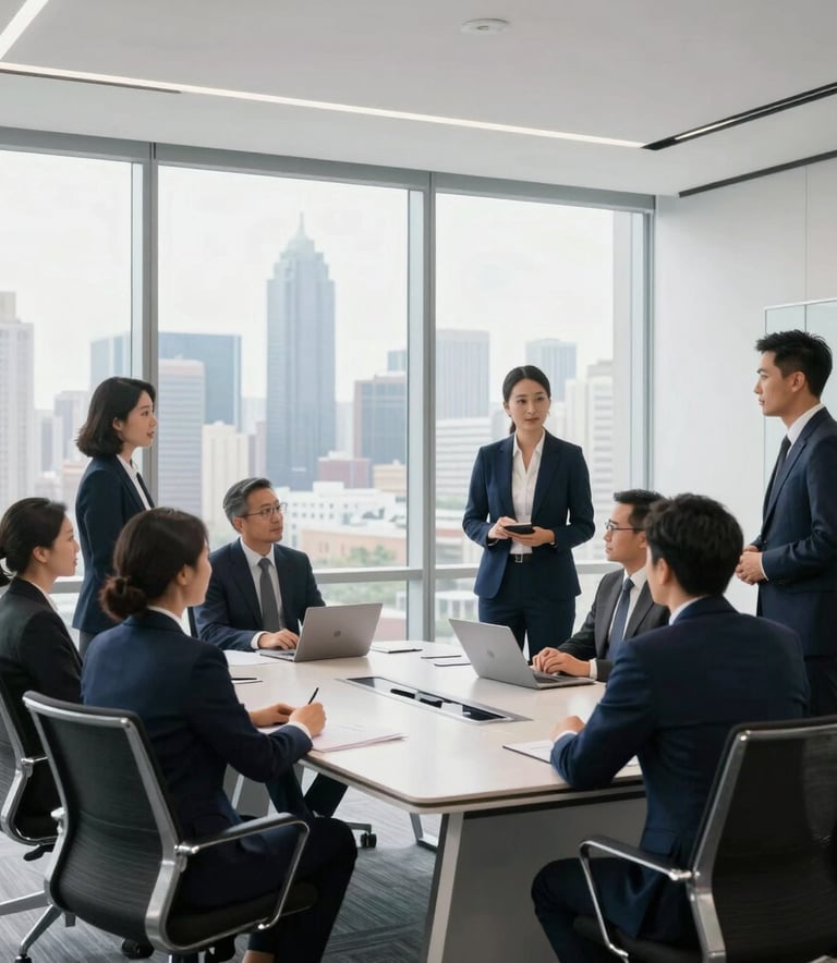A high-end, bright North American corporate office setting. A group of professionals in modern business attire are gathered around a sleek conference table with large windows in the background overlooking a city skyline. Minimalist aesthetic with deep navy and white accents.