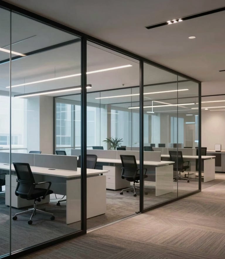 Interior of a modern, upscale North American corporate office featuring glass partitions, white furniture, and soft electric blue accent lighting. Professional and quiet atmosphere.