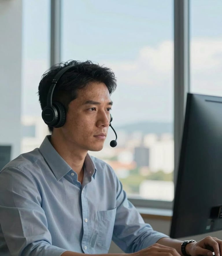 A focused professional wearing a headset, looking at a screen with a determined expression, daylight from a window in a South American / Brazilian business district, colors including soft sky blue.
