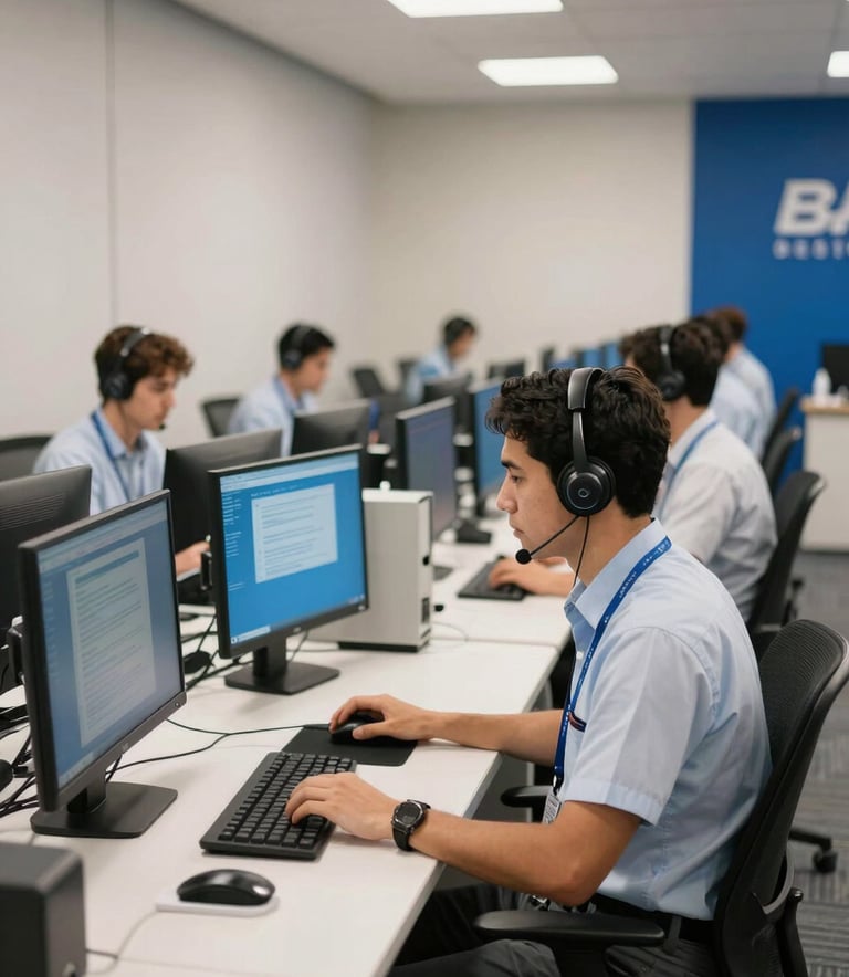 A high-speed photography style shot of a modern Brazilian call center, focusing on the depth of the room with repetitive sleek workstations. The lighting uses professional off-white and dark blue tones to evoke a sense of professional racing team precision and speed.