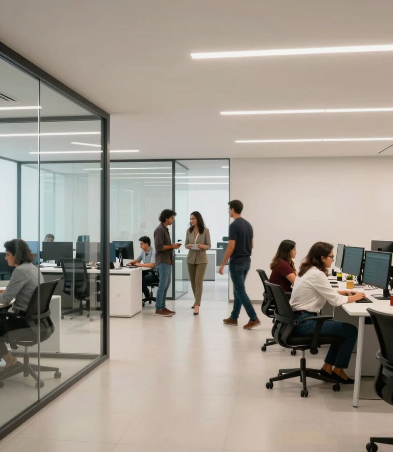 A wide-angle photography shot of a collaborative team working in a modern Brazilian corporate headquarters. The environment is minimalist with glass partitions and sleek furniture. The lighting is bright and professional, highlighting a palette of off-white and teal. The scene conveys a sense of high-performance teamwork and dynamic energy.