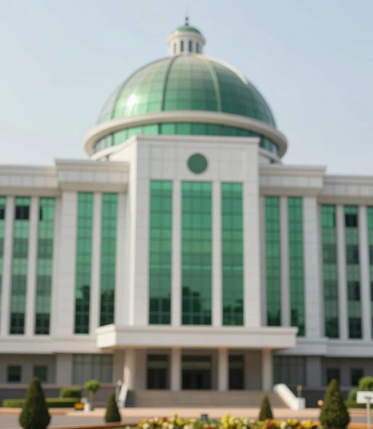 A sophisticated architectural photograph of the Nigerian National Assembly or a modern government building in Abuja. The image features clean lines, a bright sky, and a professional, authoritative atmosphere with subtle greens from the landscaping reflecting #2F6F4C and #B4D3C5.