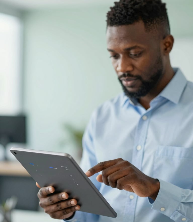 A professional Nigerian citizen interacting with a sleek, modern digital interface on a tablet. The background is a blurred office setting with tones of #F8F4EC and #B4D3C5, emphasizing efficiency and technological advancement.