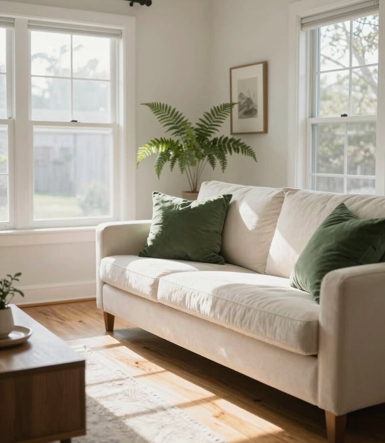 An interior shot of a bright, airy North American / US living room with natural wood floors and comfortable furniture. A sense of calm and stability. Sunlight streaming through windows. Fern Green cushions on an Off-white sofa.