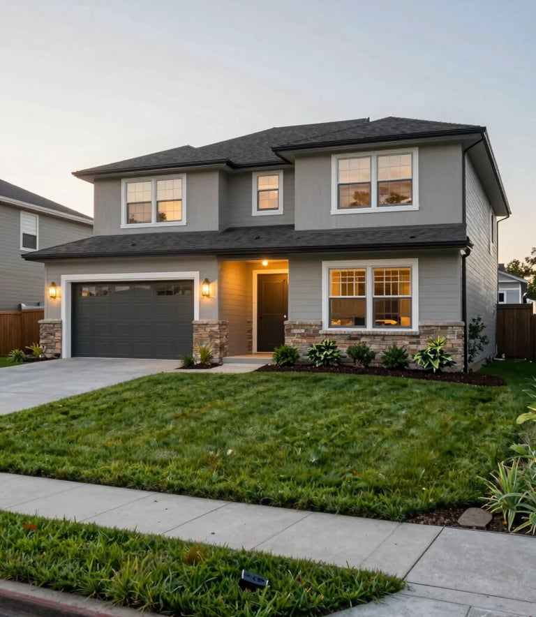 An inviting, modern residential home in a North American suburb during a soft golden hour. The exterior is well-maintained with a clean lawn and leaf green landscaping, suggesting a high-quality and reliable property management style.