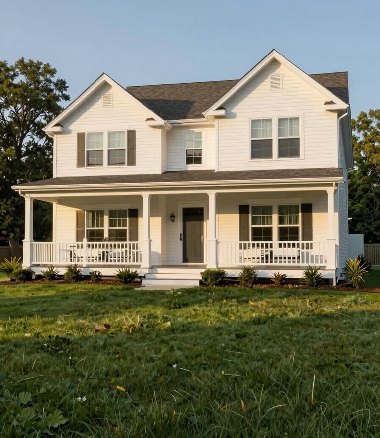 Exterior of a beautiful, clean North American / US residential home with a white porch and a manicured lawn. The lighting is warm and golden, featuring Soft Off-white and Sage Green tones. Professional architectural photography.
