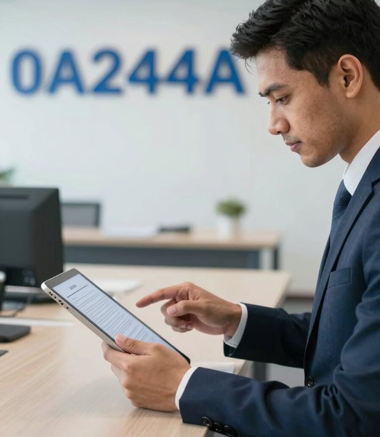 A focused professional in a modern Gurugram office reviewing legal documents on a sleek tablet, with #0A244A blue corporate branding subtly in the background, clean and trustworthy lighting.