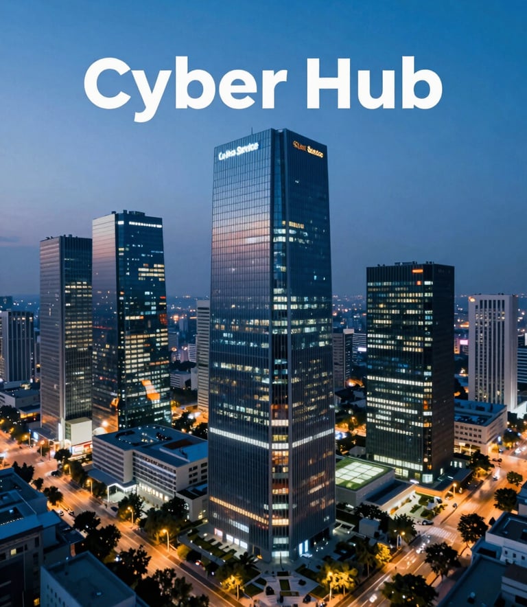 An aerial view of the modern Cyber Hub skyline in Gurugram at dusk, symbolizing the tech-driven and professional environment of Lekha Service. The scene is illuminated by soft office lights, incorporating the deep blues of #0A244A and #3F5B75.