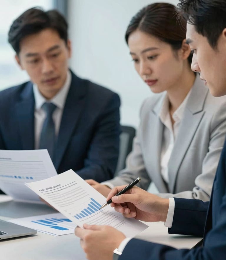 A close-up of professional consultants reviewing financial documents in a modern Gurugram office. The lighting is bright and clear, emphasizing a trustworthy and sophisticated atmosphere. The color palette includes #0A244A and #C7D2DA for office accents and business attire.