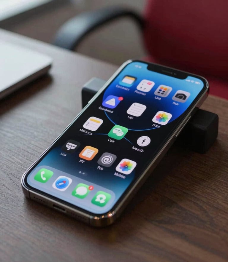 A close-up photograph of a sleek, high-end smartphone in a North American / US office setting. The screen glows with a modern, dynamic interface, while the background shows a hint of a Crimson Red office chair and professional stationery. Soft natural lighting creates a professional and innovative atmosphere.