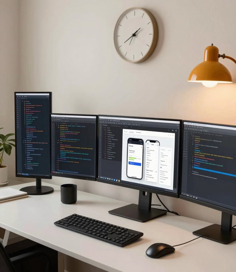 A wide-angle photography shot of a clean, modern workspace in a North American / US city. The desk features multiple screens showing code and mobile layouts. A Soft Cream wall is decorated with a minimalist clock, and a Vibrant Amber lamp provides warm, innovative lighting.