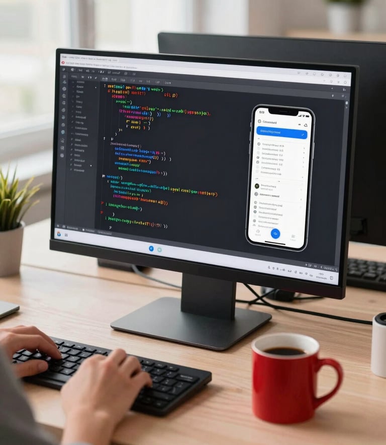 High-quality photography of a software engineer at a desk in a bright North American / US co-working space. The screen shows lines of code and mobile app mockups. Soft peach ambient lighting and a crimson red coffee mug on the desk. Clean and modern aesthetic.