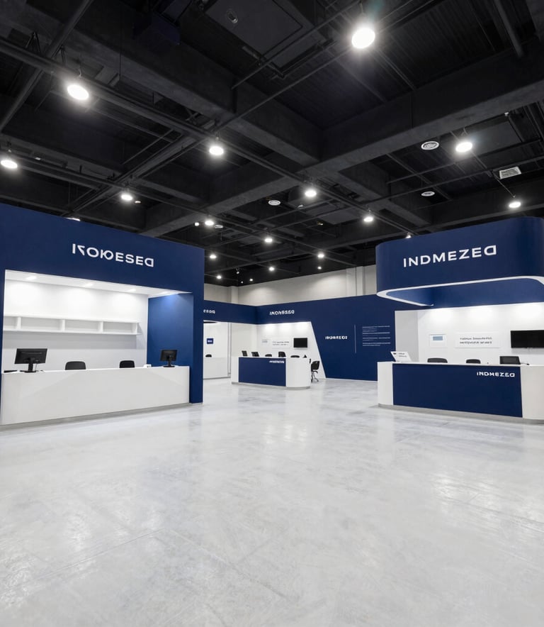 Internal view of a premium convention hall in Indonesia during a business exhibition. The space is minimalist and large, with professional lighting, ice white flooring, and deep blue banners, showcasing a modern and innovative corporate environment.