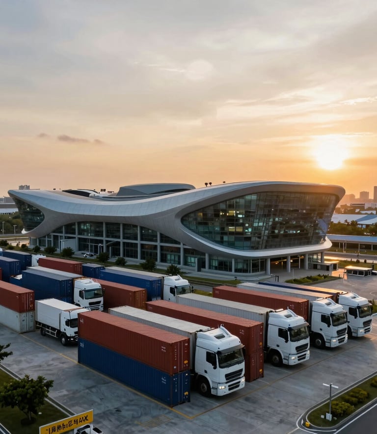 A wide angle shot of a sleek, modern logistics fleet and a contemporary tech center building at sunset in a developed Southeast Asian city, warm golden lighting, premium cinematic look.