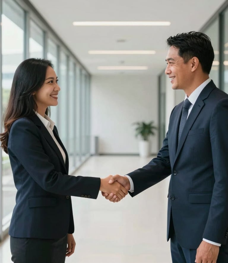 A medium shot of two professional Southeast Asian / Indonesian business partners shaking hands in a bright, modern corporate hallway with glass walls and minimalist architectural lines, clean natural light.