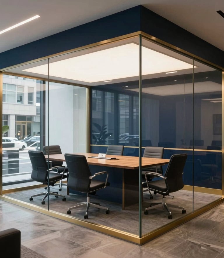 Interior of a sophisticated real estate brokerage office with a glass-walled conference room, navy blue and gold accents, and a professional atmosphere, North American urban setting.