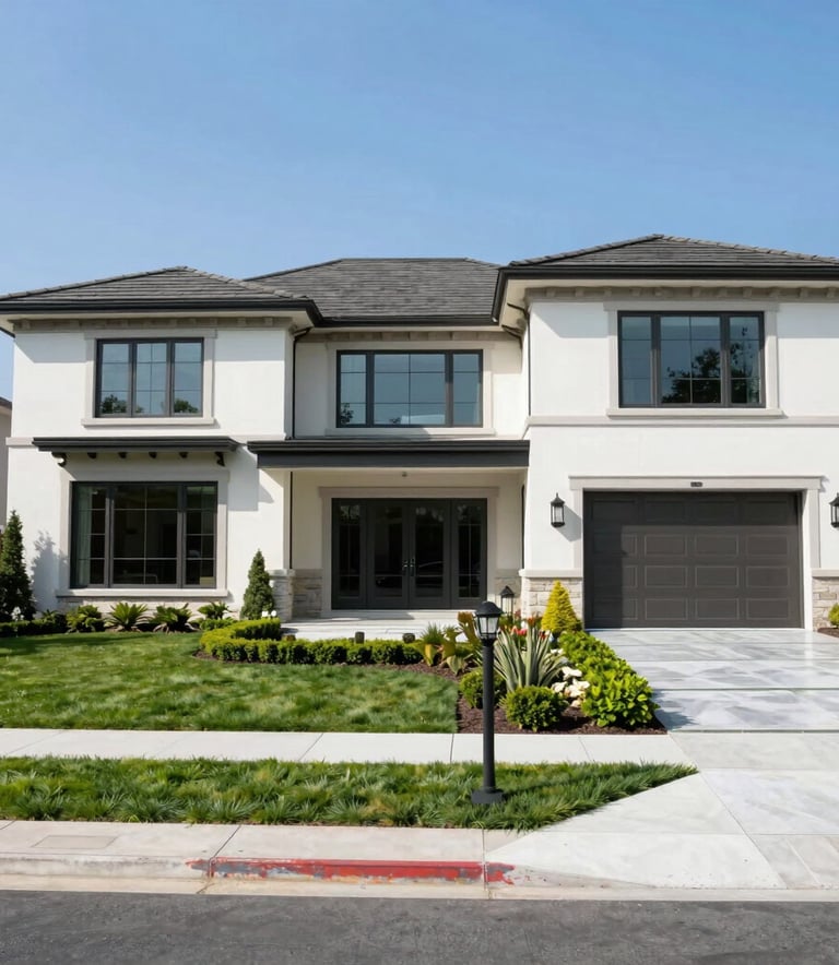 A crisp, high-resolution exterior photo of a modern luxury estate in North America. Manicured landscaping, clean architectural lines, and blue sky.