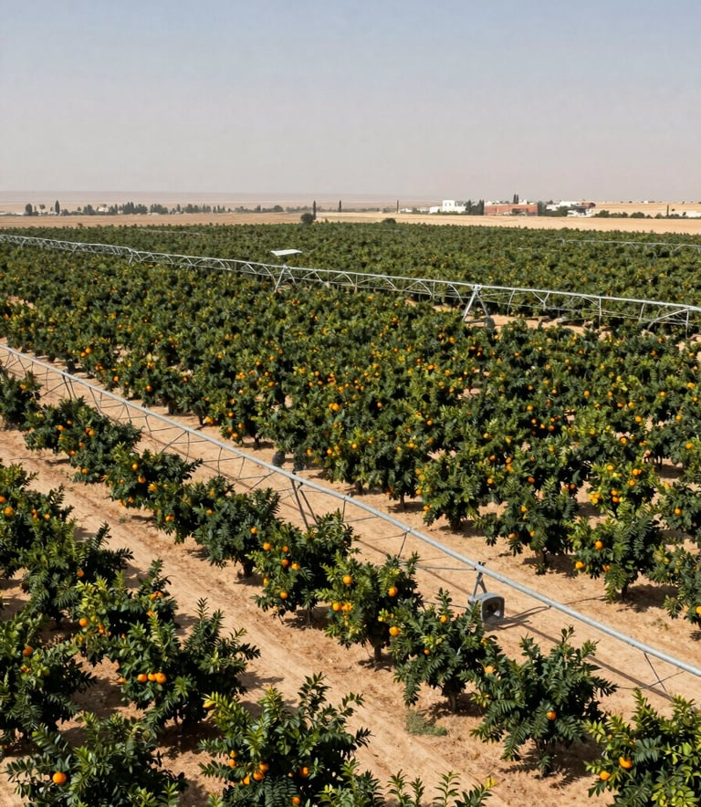 A wide-angle landscape of a vast, modern Egyptian orange grove with advanced irrigation systems under a bright sun. Middle Eastern / International B2B professional environment, clean and productive.
