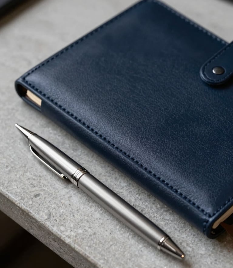 A detailed macro photograph of a professional workspace in North America. A dark navy leather planner and a refined silver pen sit on a light slate grey stone desk. The lighting is soft and focused, creating a sophisticated business feel.
