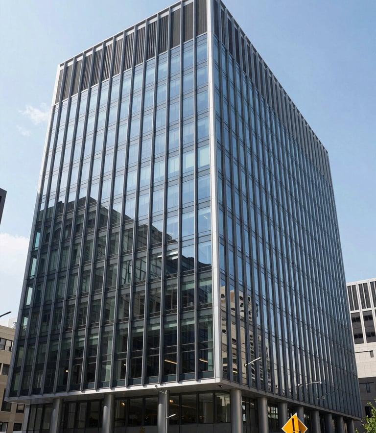 A clean and modern architectural photography shot of a sleek glass-fronted office building in a North American / US city, with crisp shadows and bright daylight.