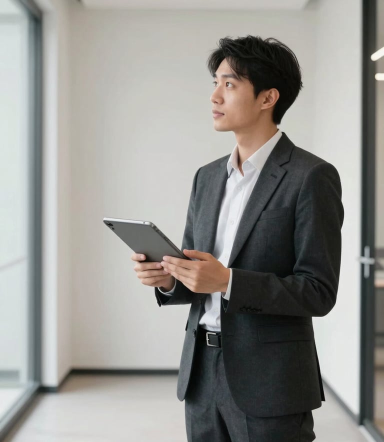 A professional business environment featuring a person in contemporary business attire holding a tablet, standing in a clean, off-white minimalist hallway in a North American / US office.