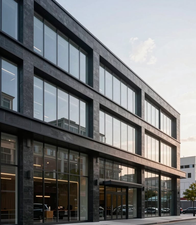 A wide-angle professional photograph of a modern commercial building exterior in a North American urban setting. The architecture is clean with large glass windows and dark slate steel accents.