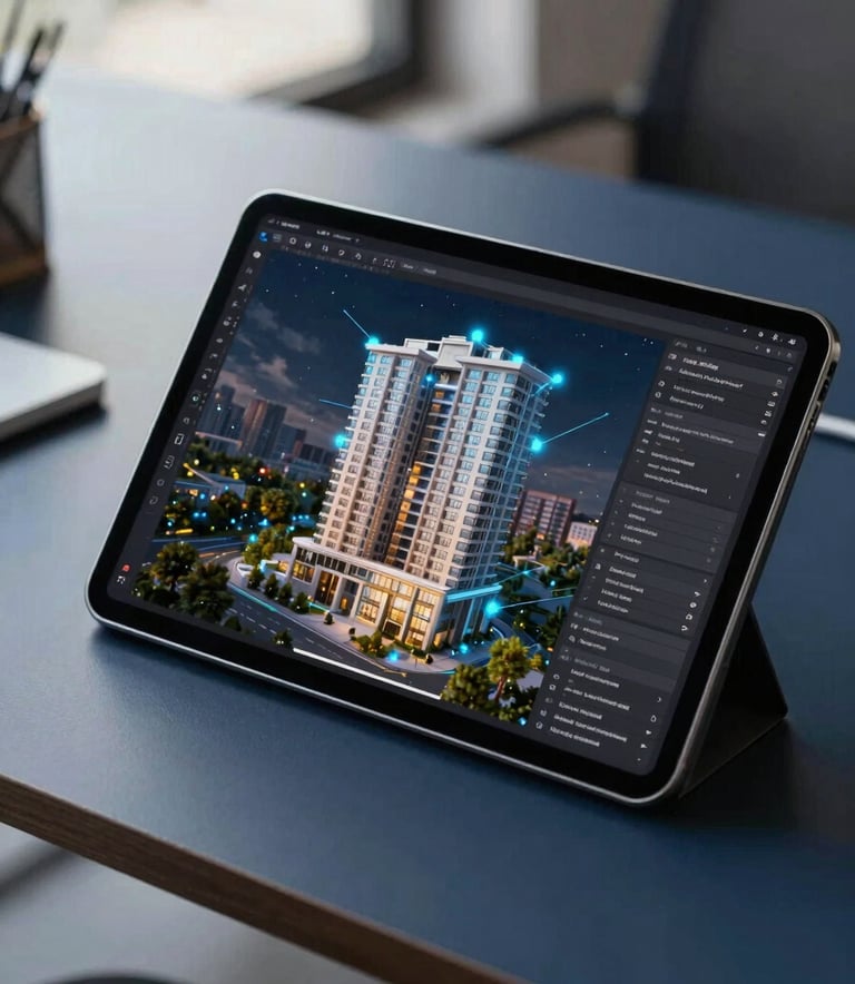 A close-up of a high-end tablet on a sleek navy desk in a North American / US office. The screen displays a sophisticated 3D architectural model of a residential building with glowing electric blue data nodes. Soft natural light, professional setting.