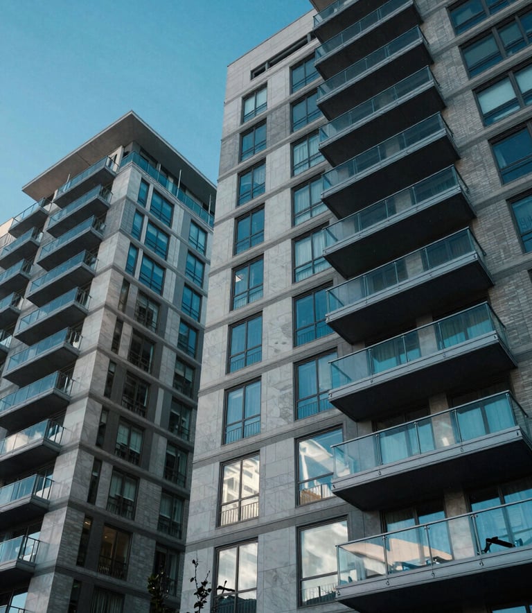 A low-angle view of a modern luxury apartment complex in Denver with glass balconies reflecting a bright electric blue sky. Professional photography, sharp focus, North American / US urban setting.