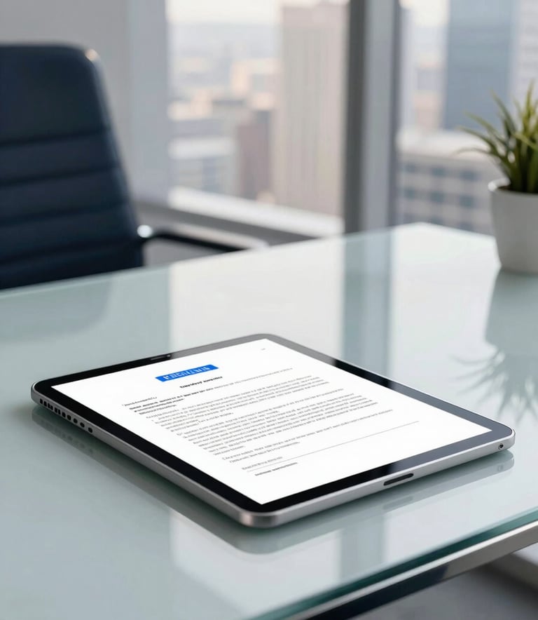 A high-end modern office in a North American / US city, showing a sleek glass table where a tablet displays a digital agreement with blue accents. Soft morning light, professional atmosphere, clean white and deep navy tones.